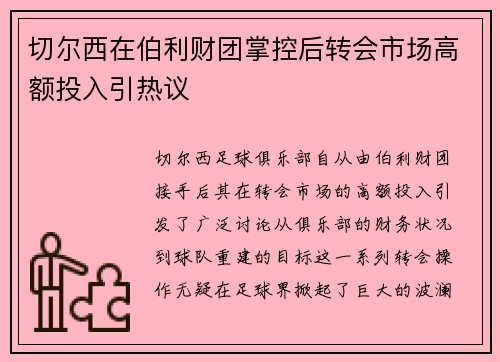 切尔西在伯利财团掌控后转会市场高额投入引热议